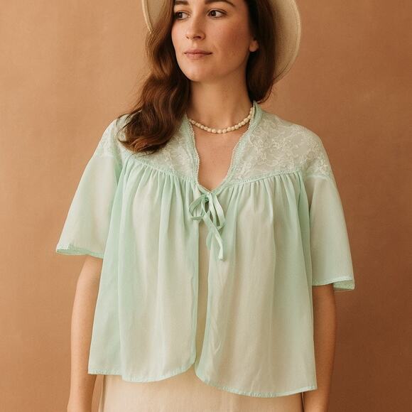 Vintage 60s Vanity Fair Mint Green Bed Jacket Robe M - Picture 1 of 6